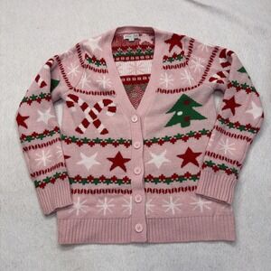 Holiday Hype Pink Christmas Cardigan Sweater size Small Candy Canes Stars Trees